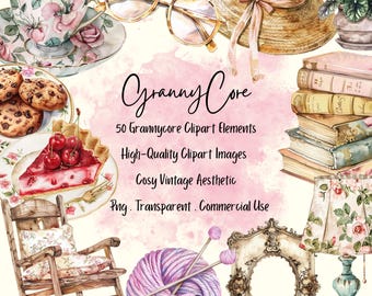 Grannycore Clipart Bundle, 50 Vintage Cosy Graphics, Cottagecore Grandmother Aesthetic, PNG Transparent, Commercial Use, Instant Download