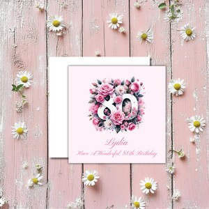 Personalised 80th Female Birthday Card, Floral, 6" Square, Handmade on Premium Linen Card