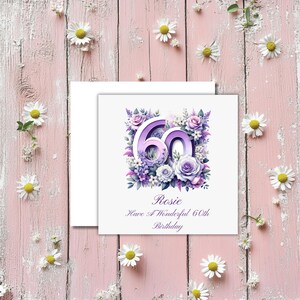 Personalised 60th Female Birthday Card, Floral, 6" Square, Handmade on Premium Linen Card