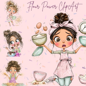 May include: A digital illustration set titled Flour Power Clip Art featuring multiple cartoon characters with brown hair in buns, wearing aprons, and engaged in baking activities like mixing bowls, cracking eggs, and decorating cupcakes on a pink background.