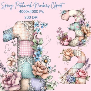 Puede incluir: Clipart de acuarela con los números 1, 2 y 3, cada uno diseñado con un patrón de patchwork y adornado con arreglos florales. Los números están rodeados de flores y follaje sobre un fondo rosa. El texto "Spring Patchwork Numbers Clipart" está en la parte superior.