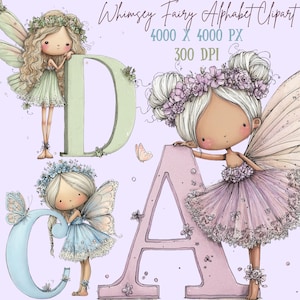 Peut inclure: Illustration d'un alphabet féerique fantaisiste. Trois fées illustrées avec de grandes ailes se tiennent près des lettres D, A et C. Les fées portent des robes vertes, bleues et roses, avec des détails floraux. Des papillons et du texte sont également présents.