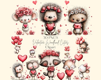 30 grillige Valentine bosdieren clipart, schattige aquarel graphics png, liefde harten ballonnen, commercieel gebruik, instant download