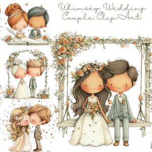 May include: Watercolour clip art of whimsical wedding couples. The illustrations show couples in wedding attire, including brides in white dresses and grooms in suits. Floral accents and a swing set are also included in the artwork.