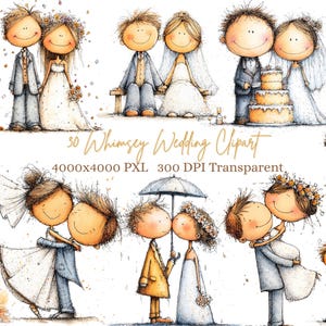May include: Watercolor clipart set featuring whimsical wedding illustrations. The images depict cartoon couples in wedding attire, including brides in white dresses and grooms in suits. The text "30 Whimsy Wedding Clipart" is included.