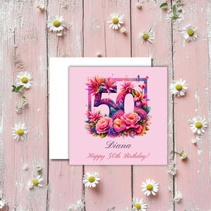 Personalised 50th Female Birthday Card, Floral, 6" Square, Handmade on Premium Linen Card