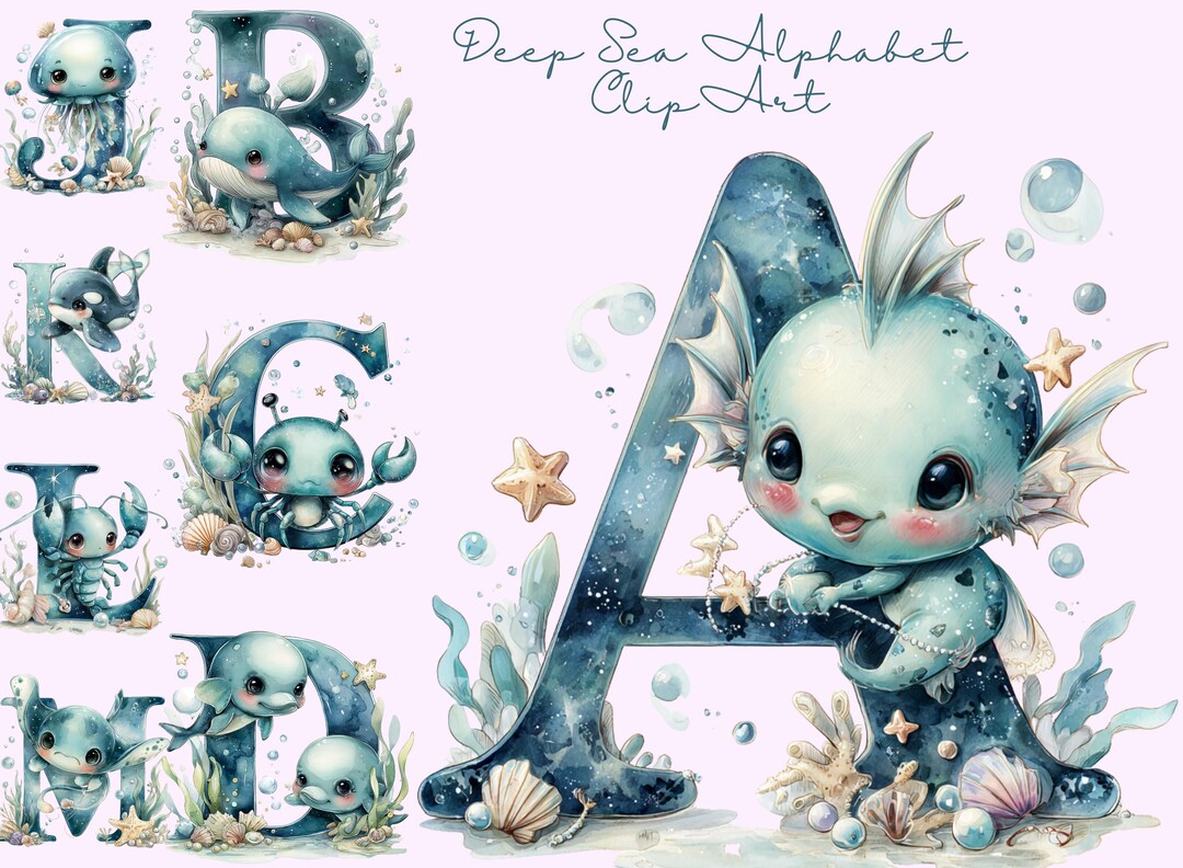 Deep Sea Alphabet Clipart PNG - 26 Cute Ocean Animal Letters A-Z ...