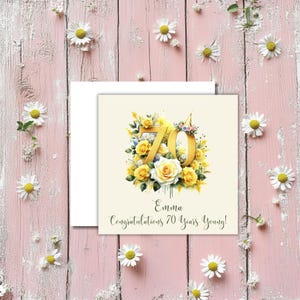 Personalised 70th Female Birthday Card, Floral, 6" Square, Handmade on Premium Linen Card