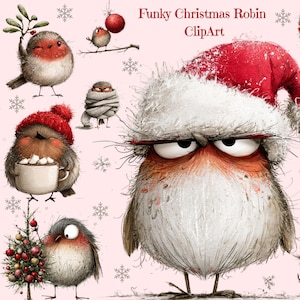 May include: A collection of digital illustrations titled Funky Christmas Robin ClipArt featuring various robins in winter attire, including Santa hats, scarves, and holding holiday items like cocoa, gifts, and ornaments on a light pink background.