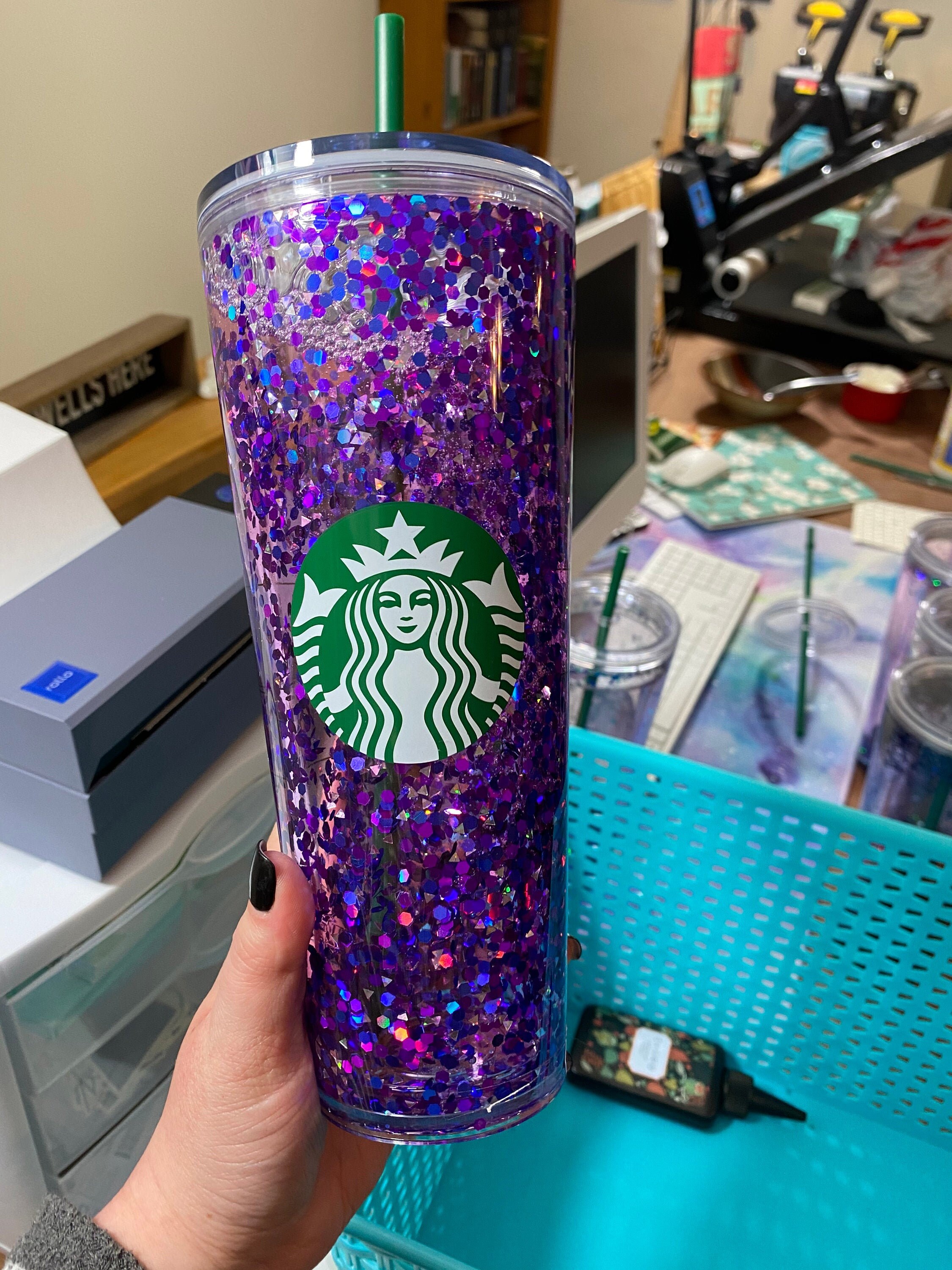 Snow globe Tumbler Purple Blue and Silver / Starbucks Etsy