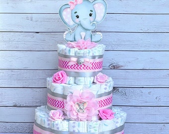 Elephant Diaper Cake: Girl Baby Shower Centerpiece