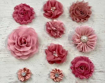 36 Pieces Fabric Flowers for Craft Dresses Fabric Flowers Pink White Chiffon Flowers Ribbon Flowers Small for Women Girls DIY Rhinestone Pearl Projects Ribbon Bows Hair Accessories 