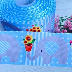 3&quot; Blue Elephant Grosgrain Ribbon Blue / Gray Elephant Ribbons Baby Shower Ribbon Diaper Cake Ribbons