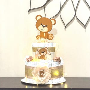Teddy Bear Diaper Cake with Fairy Light Teddy Bear Gender Neutral Baby Shower Table Centerpiece Shower Decoration Teddy Baby Shower Gift