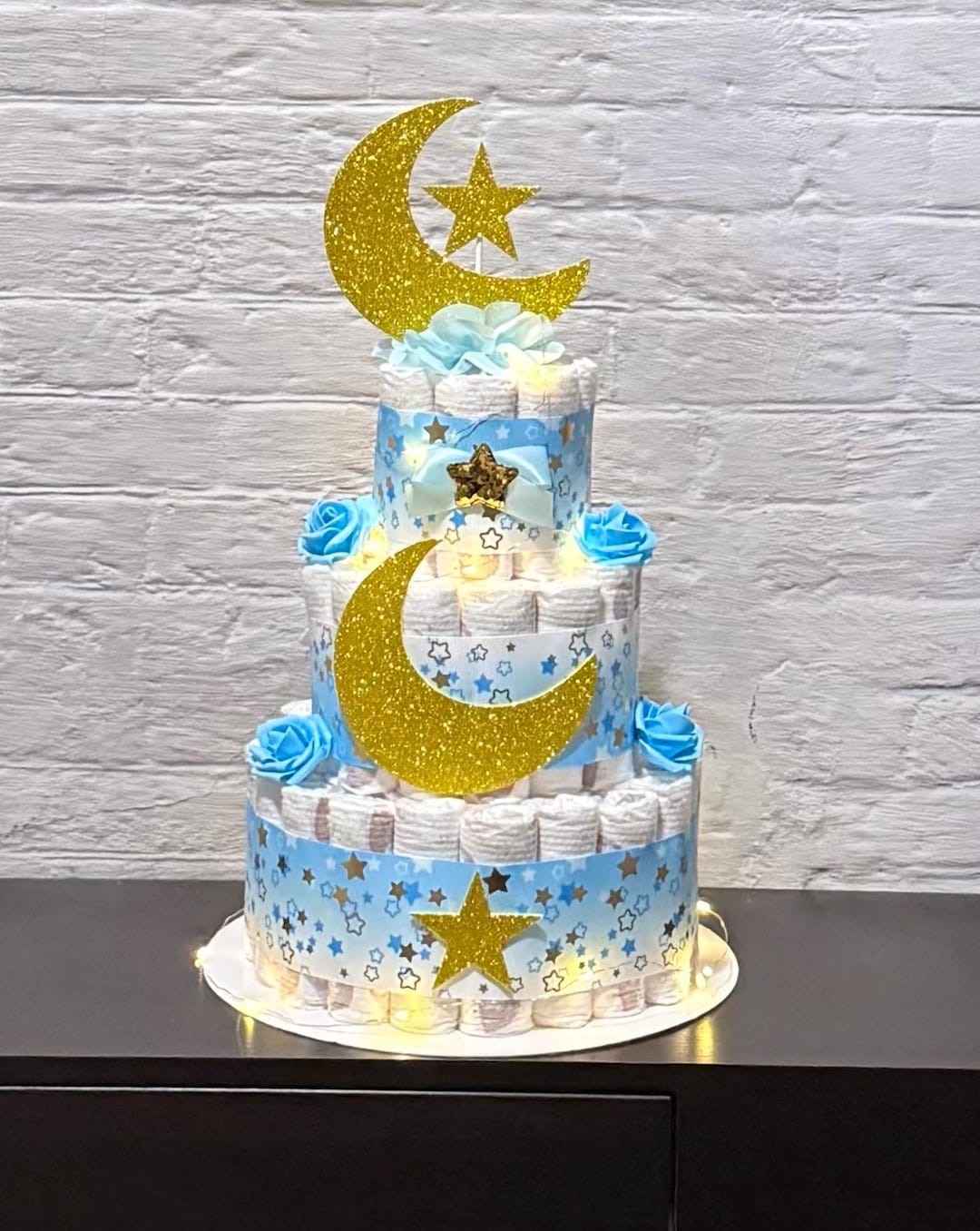 Blue Little Star Diaper Cake With Fairy Lights, 3 Tier Baby Shower ...