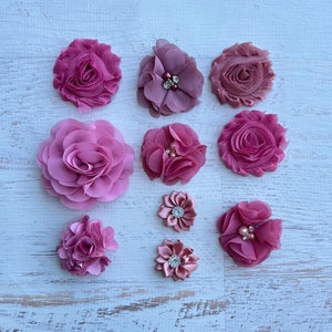 10 pieces DIY Baby Headband Flowers ,Mauve,Dusty Pink,Rose Gold Flowers for Baby Shower Headband,Chiffon Flower,Satin flower ,Fabric Flower