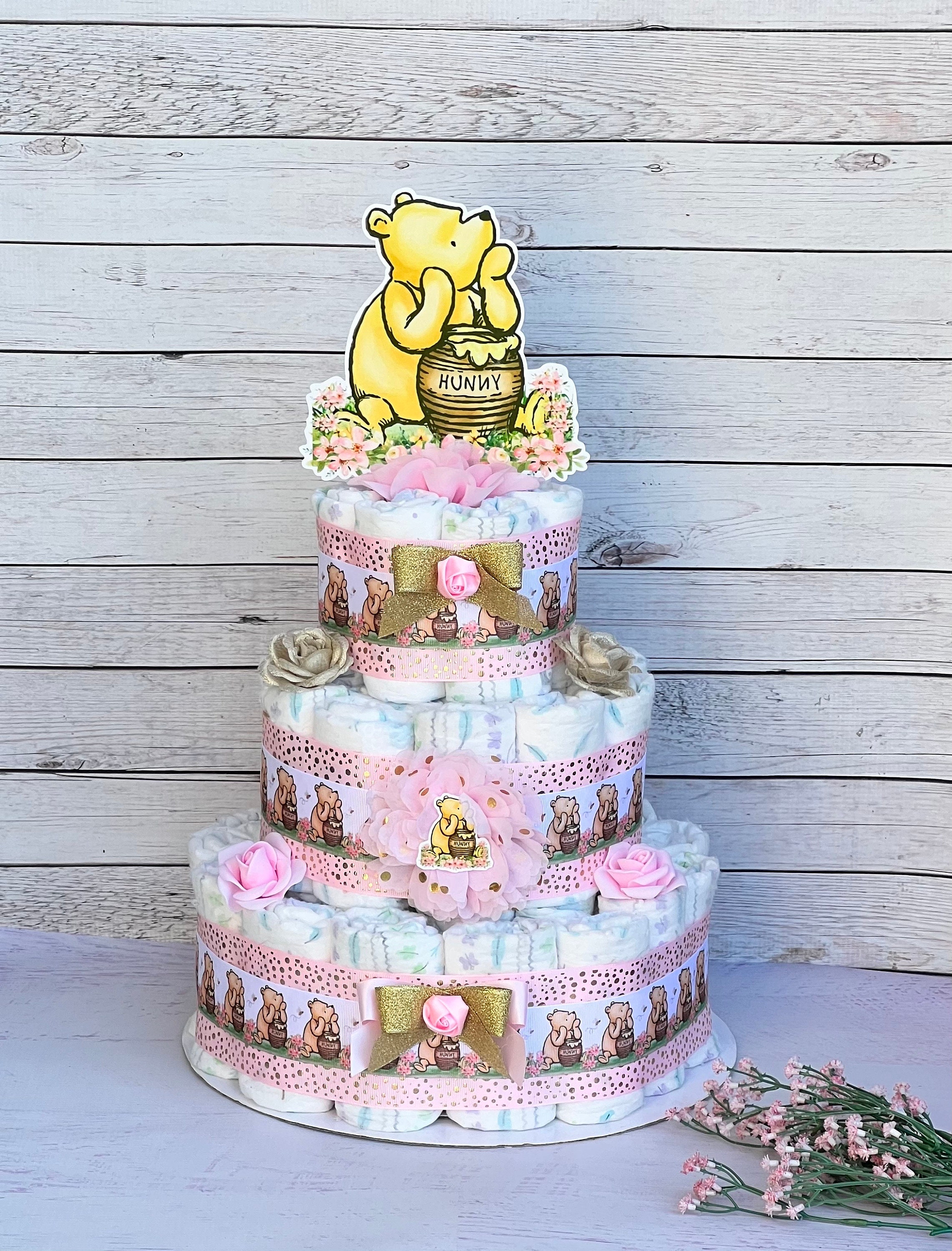 Classic Pooh Diaper Cake Girl Classic Pooh Baby Shower Girl Baby Shower Decoration Table Centerpiece Baby Shower Gift Pink Gold Classic Pooh
