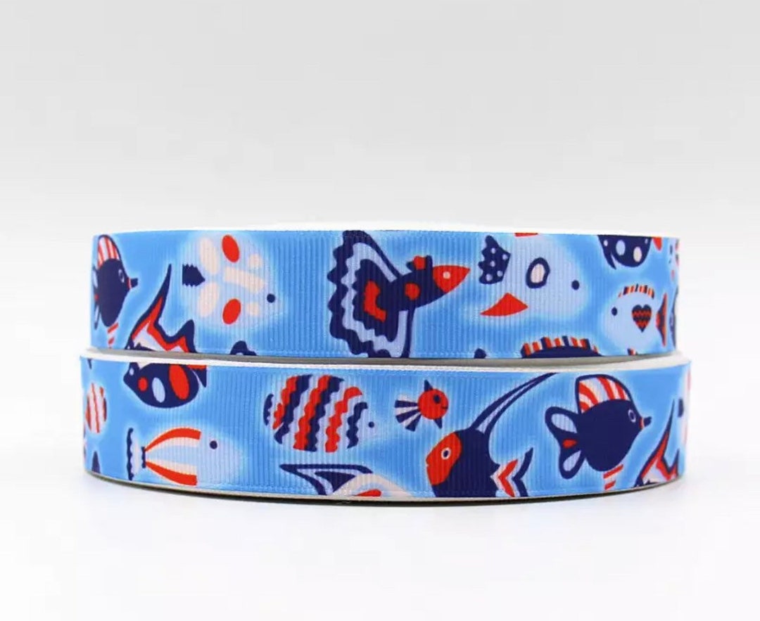 7/8 Fish Grosgrain Ribbon 3 Yards 7/8 Ocean Ribbon Under the Sea Ribbon ...