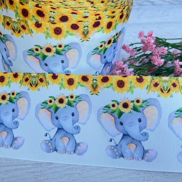 7/8” 1 1/2” 3” Elephant Grosgrain Ribbon Elephant Baby Shower Ribbon Yellow Sunflower Elephant Ribbon Elephant Ribbons