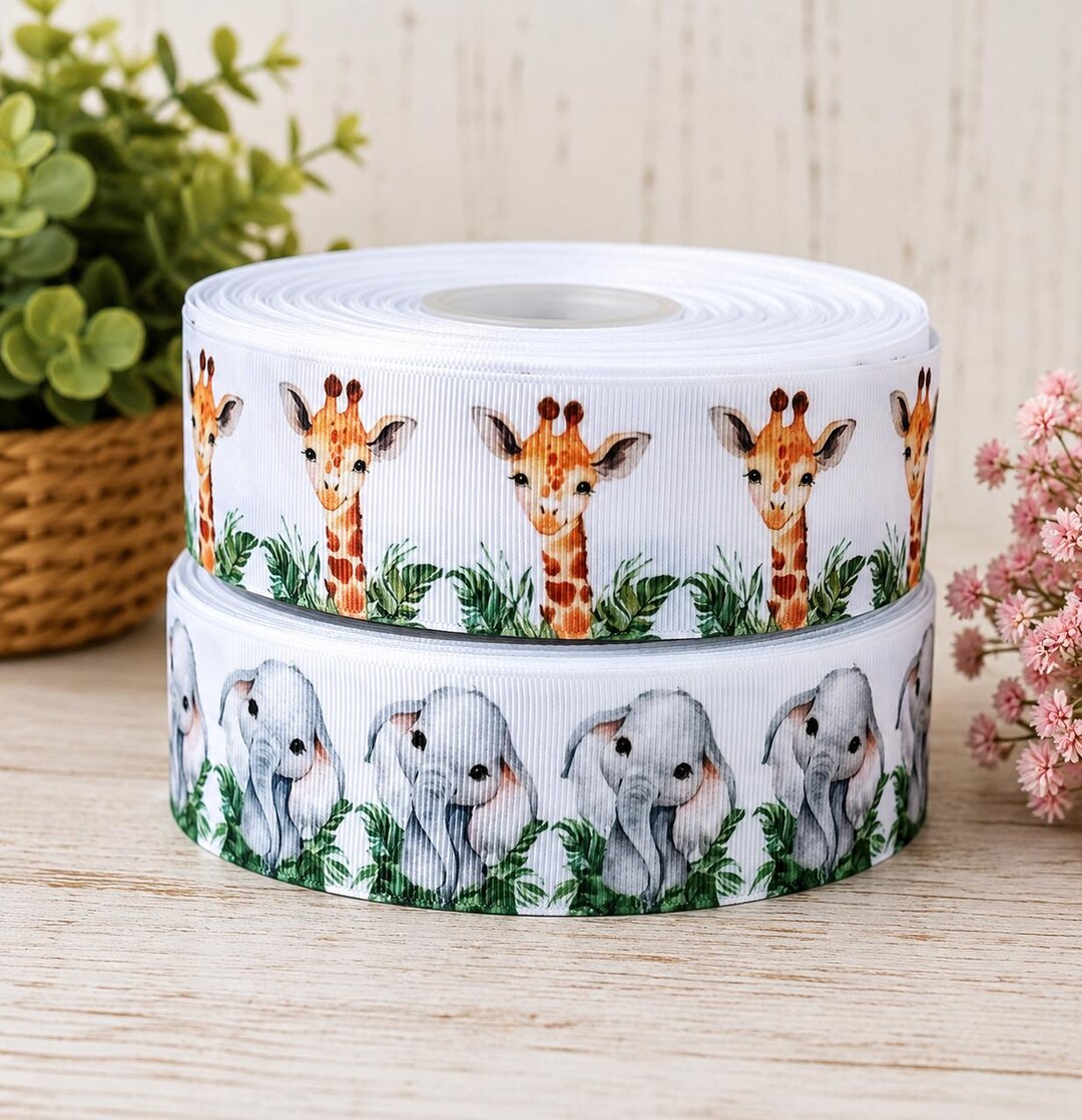 Gitaffe Ribbon 7/8” 1 1/2” Giraffe / Elephant Grosgrain Ribbon 3 Yards Safari Ribbon ...