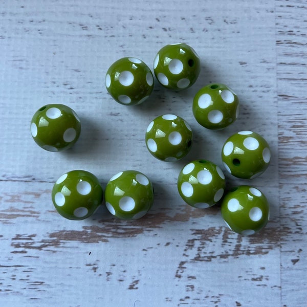 20mm Olive Green Polka Dot Bubblegum Beads , Acrylic Gumball Beads , 20mm Olive Green Polka Dot Beads, 10 pcs Chunky  Bead