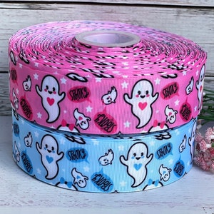 7/8&quot; 1 1/2” Ghost Grosgrain ribbon 3 yards Ghost Ribbon Halloween Ribbon Pink/ Blue Ghost Ribbon