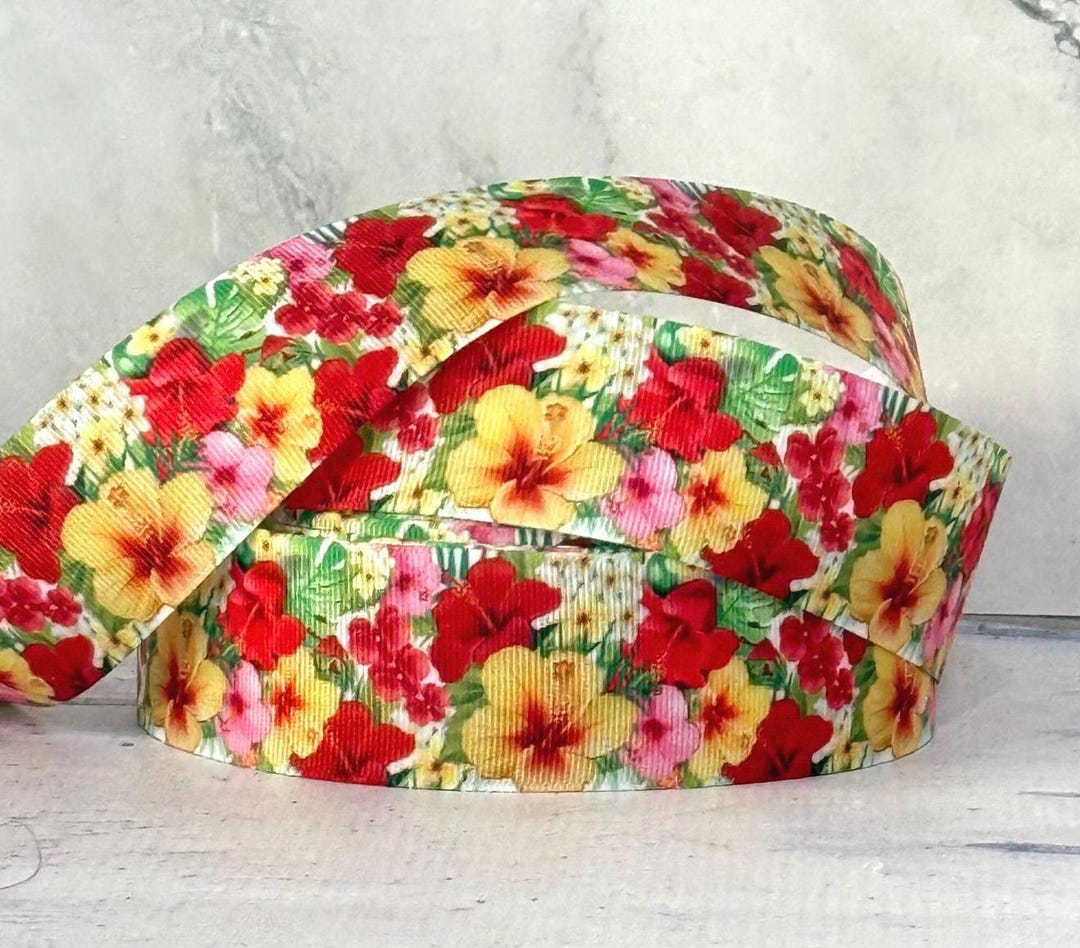 Puce Ribbon Floral Grosgrain Ribbon, Tropical Hibiscus Print, 1 1/2 Inch, 3 Yards ...