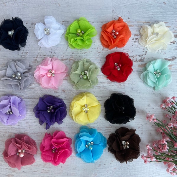 2.5” Chiffon Flower , Pearl Rhinestone Chiffon Flower, Chiffon Flower for Baby Headband , Baby Shower , Fabric Flower, 4 pcs Flower