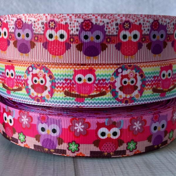 7/8" Owls Grosgrain ribbon 3 yards ,Owls Ribbon ,Multicolor Owls Ribbon ,Owl Grosgrain Ribbon