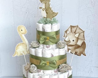 Dinosaur Diaper Cake – 3-Tier Gender Neutral Baby Shower Centerpiece