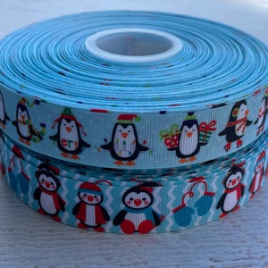 7/8” Penguin Grosgrain Ribbon ,Holiday Ribbon ,3 yards Christmas Ribbon ,Penguin Ribbon