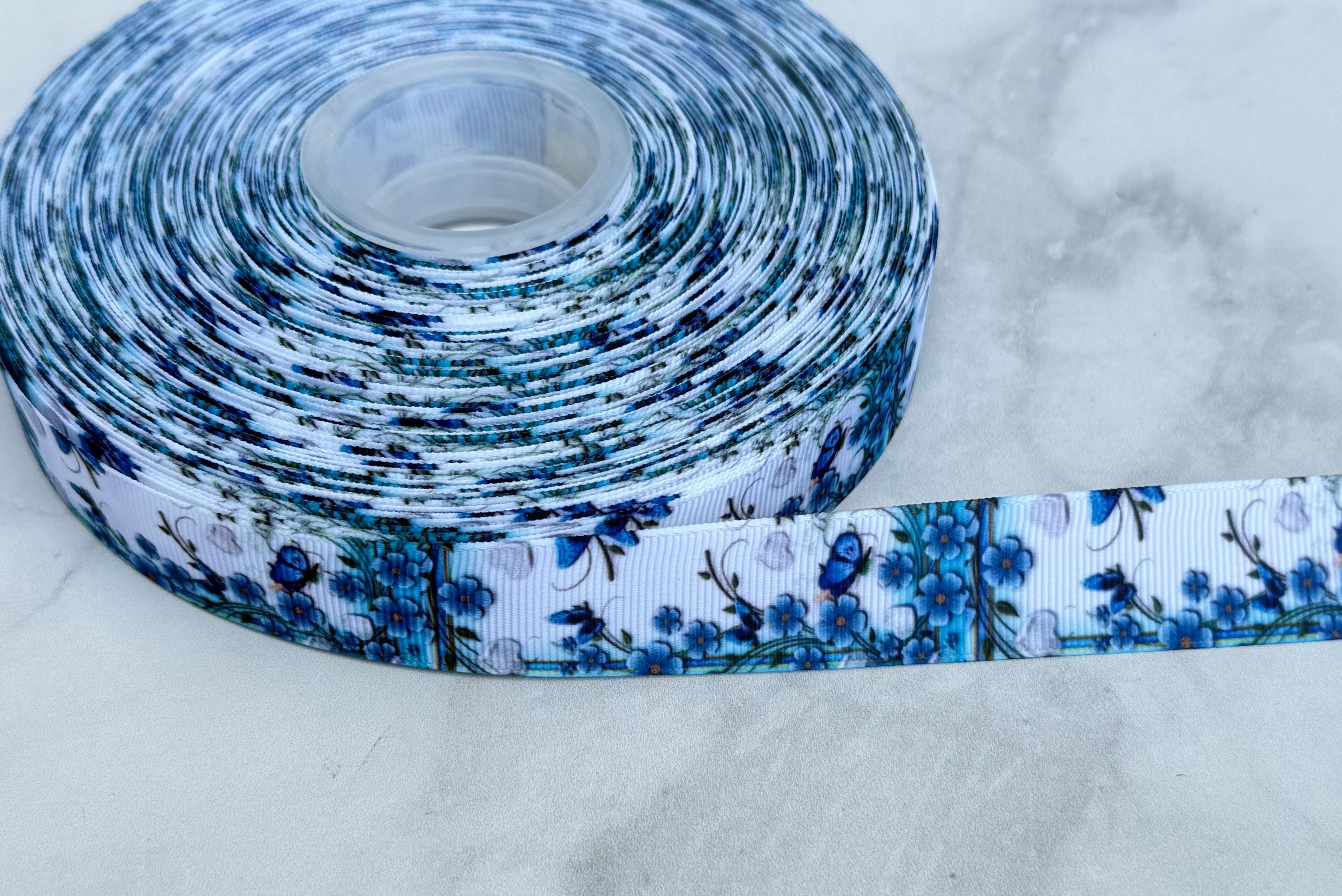 7/8” Blue Butterfly and Flower Grosgrain Ribbon , 3 Yards Butterfly ...