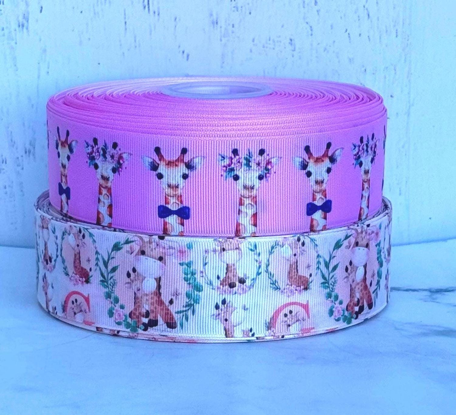 Gitaffe Ribbon 7/8” 1 1/2” Pink Giraffe Grosgrain Ribbon 3 Yards Giraffe Ribbon Safari ...