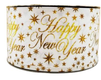 Nastro grosgrain di Capodanno da 1 1/2" e 7/8", nastro grosgrain di Capodanno in oro bianco, nastro di Capodanno da 3 iarde