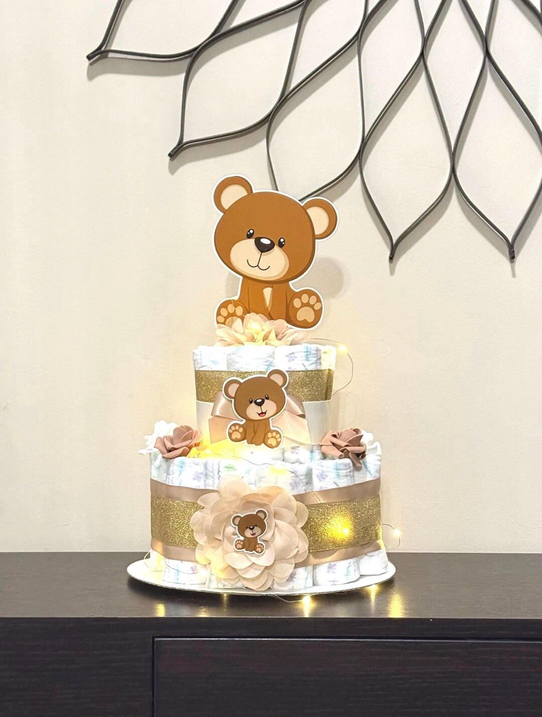 Teddy Bear Diaper Cake With Fairy Light Teddy Bear Gender Neutral Baby ...