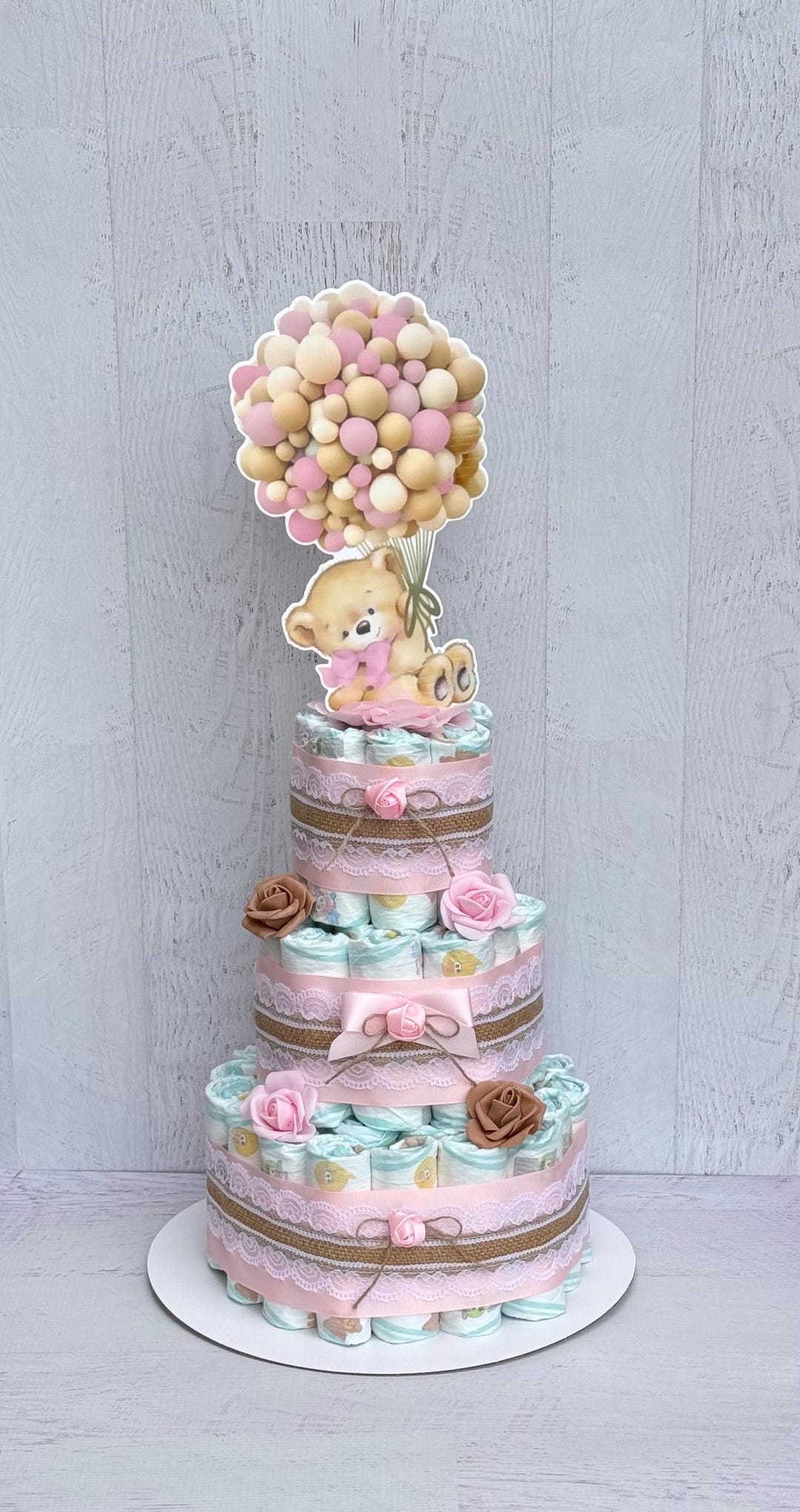 Teddy Bear Diaper Cake Girl ,hot Air Balloon Baby Shower Centerpiece - Etsy