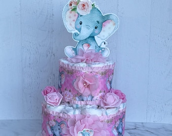 2 Tier Elephant Diaper Cake Girl Baby Shower Centerpiece | Pink Elephant Baby Shower Decoration | Baby Girl Diaper Cake Gift