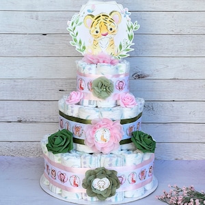 Safari Diaper Cake Girl Jungle Safari Baby Shower Girl Centerpieces Decoration Baby Shower Gift Baby Shower Decoration 3 tier Diaper Cake