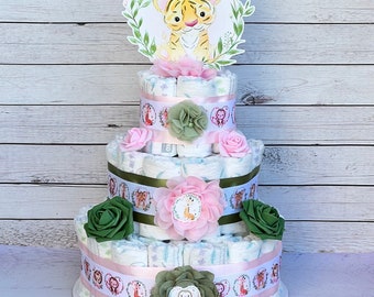 Safari Diaper Cake Girl, Jungle Baby Shower Centerpieces Decoration