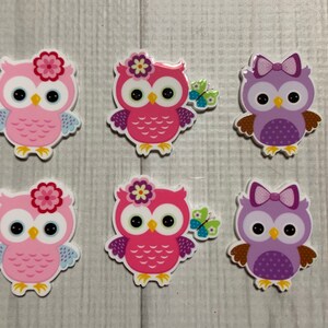 May include: Six colorful owl-shaped wooden embellishments with various designs. The owls are pink, purple, and red with black eyes and white pupils. Some owls have flowers, bows, and butterflies.