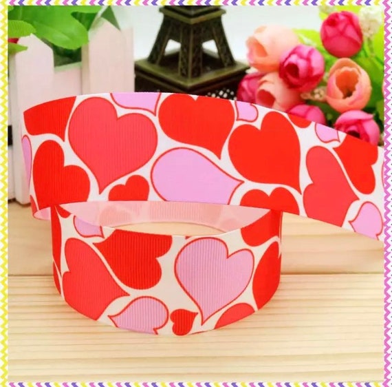 7/8” 1/2 Valentine’s Day Grosgrain Ribbon Pink / Hot Pink Hearts  Valentines Ribbon 3 yards Pink Valentine Ribbon