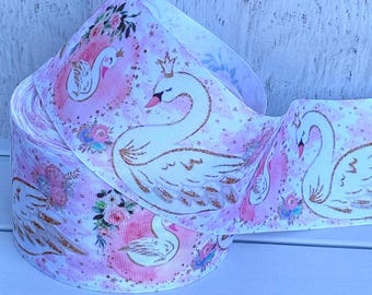 7/8” 1 1/2” 3” Swan Grosgrain Ribbon , Pink and Gold Swan Ribbon