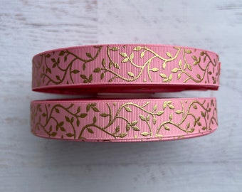 7/8" Pink Floral Gold Foil Grosgrain Ribbon DIY Hair Bow ,3 yards Pink and Gold Foil grosgrain ribbon