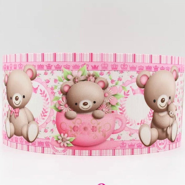 7/8” 1 1/2” 3” Pink Teddy Bear Grosgrain Ribbon 3 yards Teddy Bear Ribbon ,Teddy Bear Ribbon