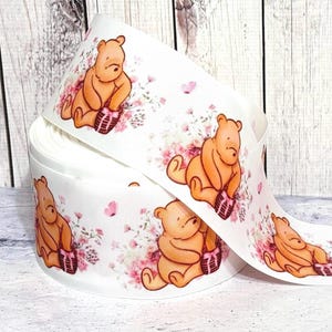 7/8” 1 1/2” 3” Classic Winnie The Pooh Grosgrain Ribbon ,Girl Classic Pooh Grosgrain Ribbon, Classic Pooh Ribbon, Pooh and Pink Flowers