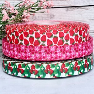 7/8&quot; Pink Strawberry Grosgrain Ribbon 3 yards Red Strawberry Ribbon DIY Hair Bow Fruits Ribbon