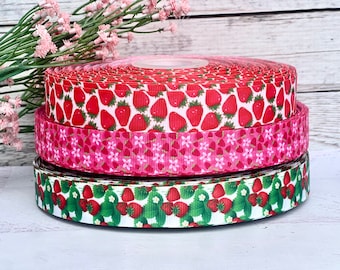 7/8" Pink Strawberry Grosgrain Ribbon 3 yards Red Strawberry Ribbon DIY Hair Bow Fruits Ribbon