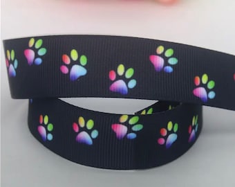7/8 Inch Pink Paw Print Grosgrain Ribbon - Foil Printed Craft Ribbon Per Yard