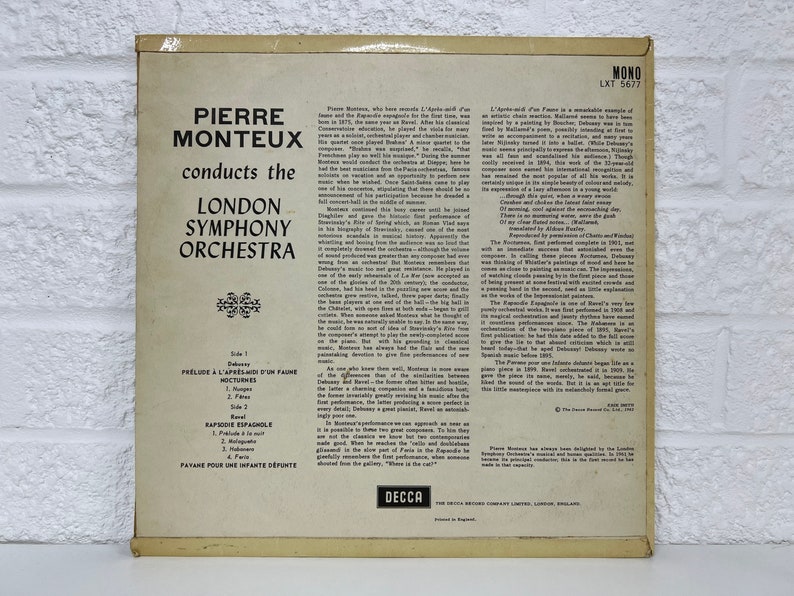 Debussy & Ravel Album Pierre Monteux The London Symphony Orchestra Genre Classical Vinyl 12 LP Record Gifts Vintage Music Collection image 2