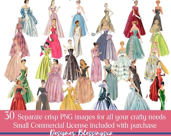 Clipart 50's 60's Women Sewing Patterns, Vintage Fashion Evening Ball gowns, PNG transparent, 1950s dress clipart, 1960s ladies digital art